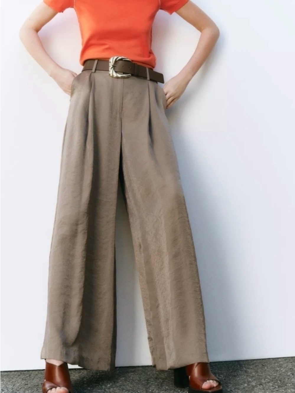 NWOT Zara Wide-Leg High-Waist Women’s Pants in Taupe with brown belt m.